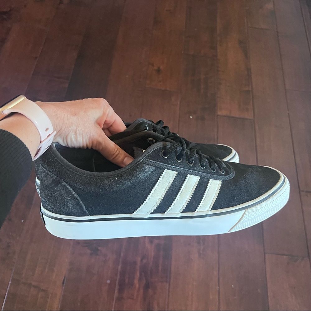 Adidas Men's Black Suede Sneakers with White Stripes Size 11.5